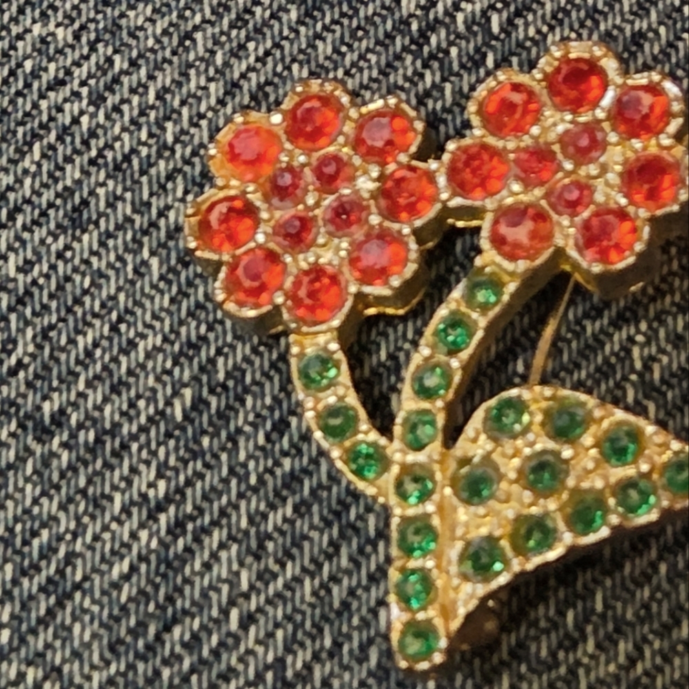 Whimsical Vintage Floral Red and Green Crystal Brooch